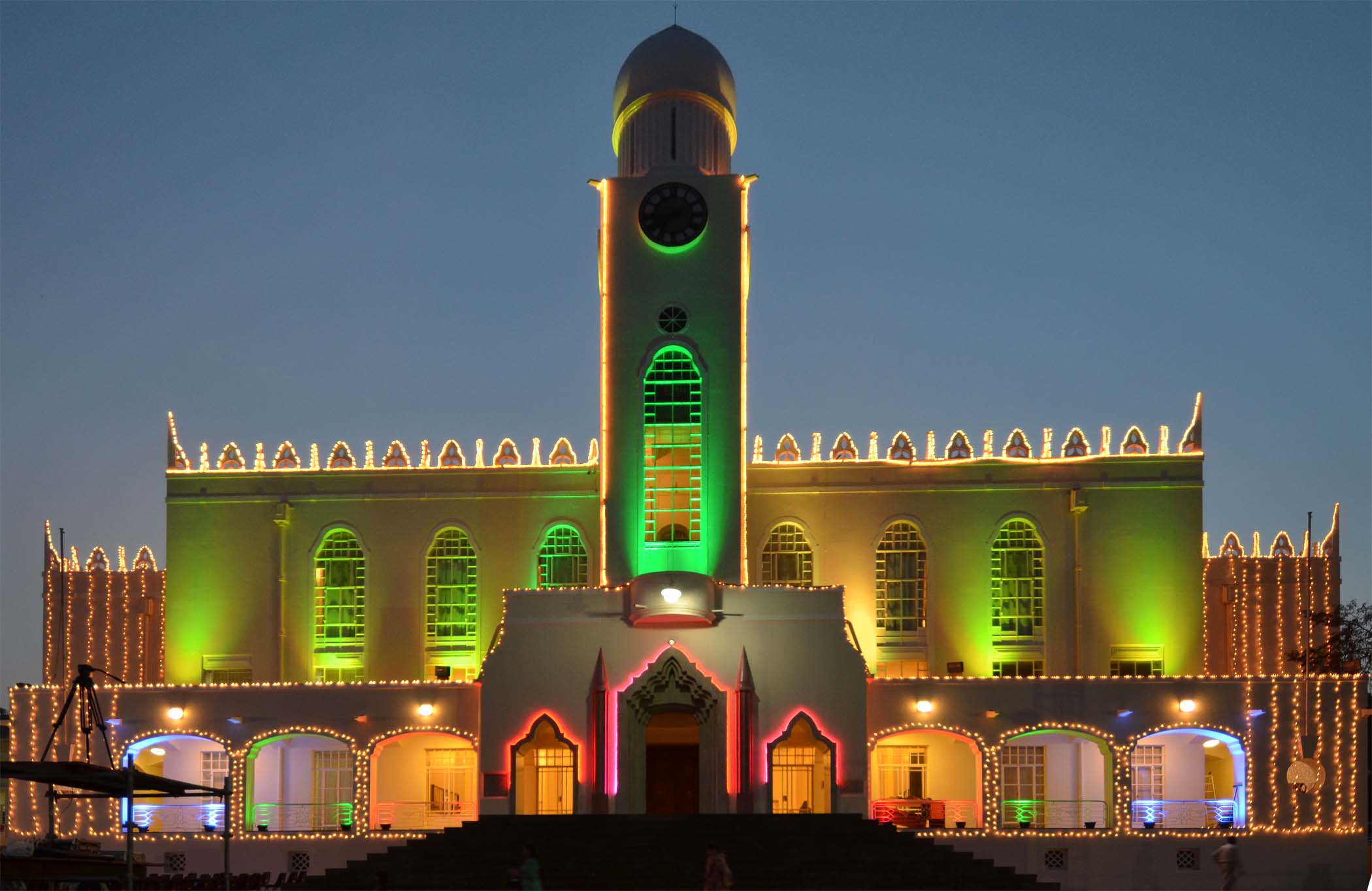 The Kampala Jamatkhana is lit up in celebration of Mawlana Hazar Imam's 2011 visit to Uganda. Photo: Courtesy of the Ismaili Council for Uganda