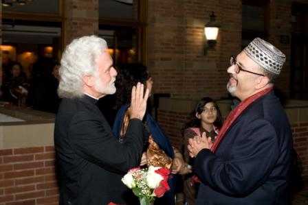 Father Alexei Smith, Director of the Office of Ecumenical and Interreligious Affairs for the Archdiocese of Los Angeles, with Mohammed Abdul Aleem, CEO, Islamicity.com, at the reception following the concert hosted by the Ismaili Council for the Western United States at the University of California, Los Angeles.   Photo: Aftab Chagani 