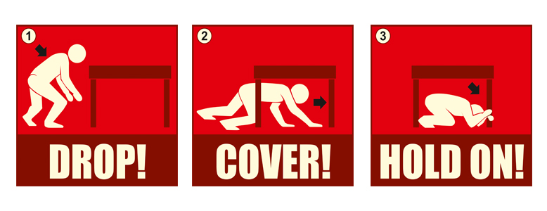 Be prepared to protect yourself during an earthquake: 1. DROP and make yourself small; 2. Take COVER under a shelter; and 3. HOLD ON until the shaking stops. Copyright: AKDN