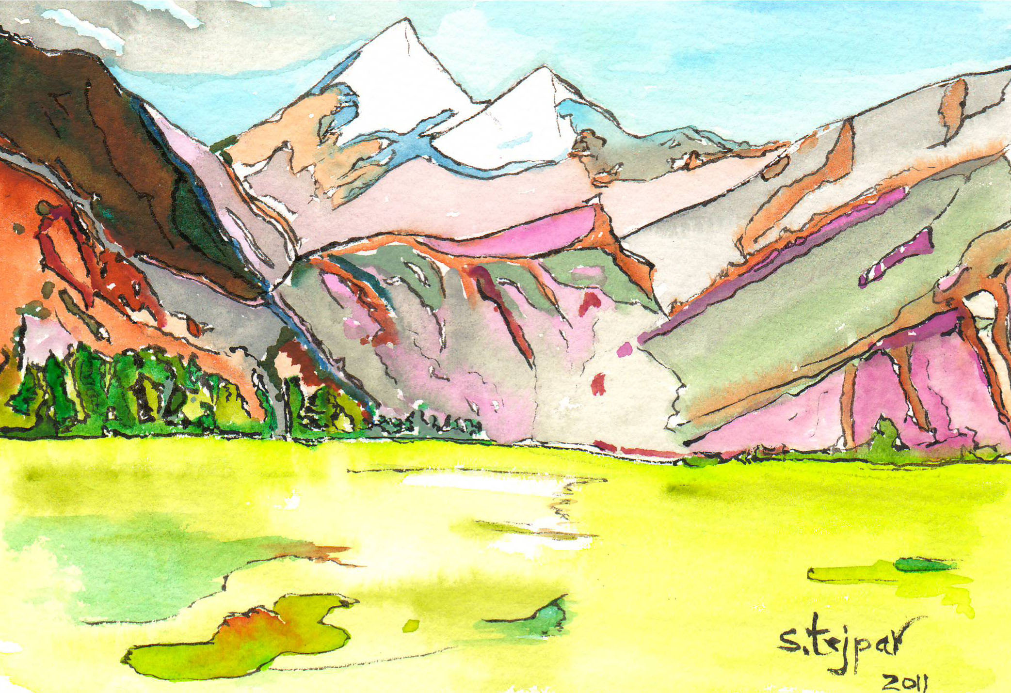 The mountains of the Pamirs, illustrated by Suleman Tejpar, Sehr's father, based on photographs that she had taken while in Tajikistan. Painting: Suleman Tejpar