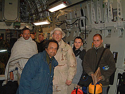 Faridoun Hemani and his Linx Productions crew return from a successful reporting assignment in Kandahar, Afghanistan aboard a C-17 aircraft. Photo: Courtesy of Linx Productions