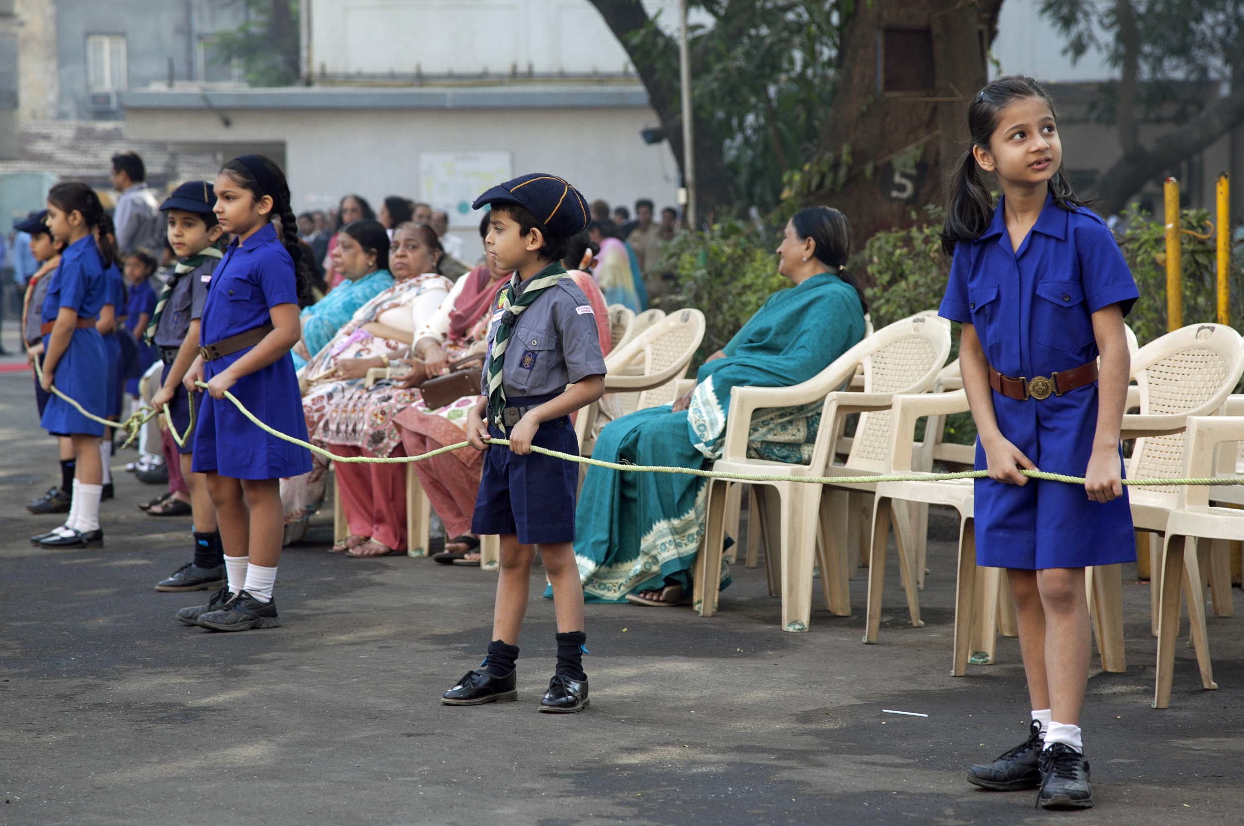 Cubs (Boy Scouts) and Bulbuls (Girl Guides) line up in preparation for Princess Zahra's visit to Prince Aly Khan Hospital in Mumbai. Photo: Courtesy of the Ismaili Council for India