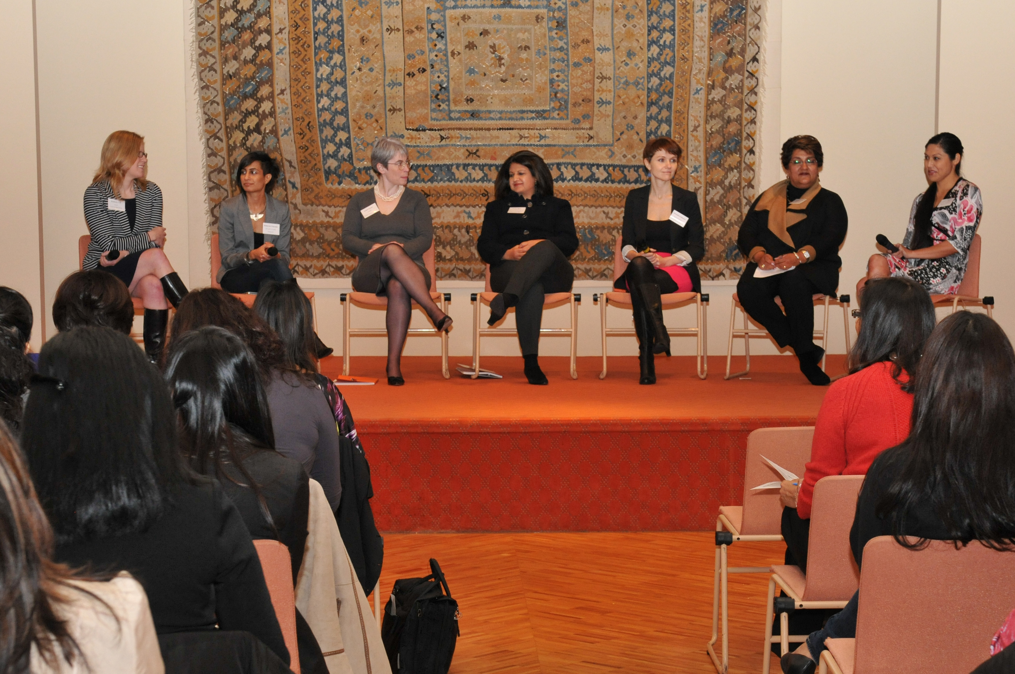 Panelists share their thoughts at the Techovation Challenge launch hosted by the Aga Khan Education Board for Canada. From left to right: Kimberly Voll, Shaherose Charania, Louise Turner, Frenny Bawa, Alexandra Fedorova, Karimah Es Sabar, and Cybele Negris. Photo: Sultan Baloo