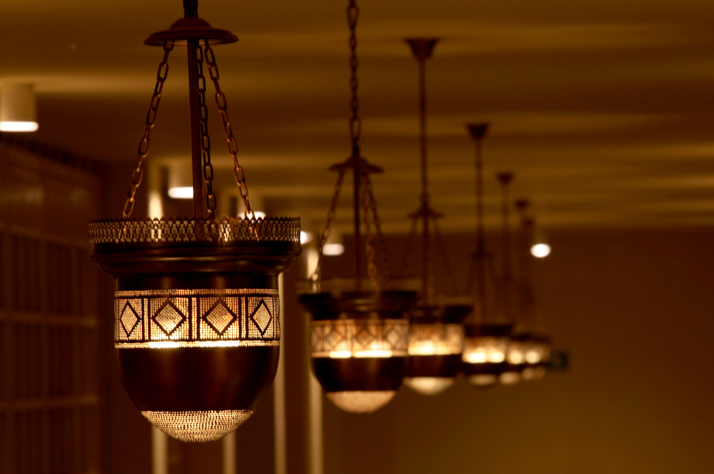 These copper lanterns were fabricated in Iran for the Ismaili Jamatkhana and Centre, Kinshasa, where they hang today. Photo: Courtesy of the Ismaili Council for the DRC